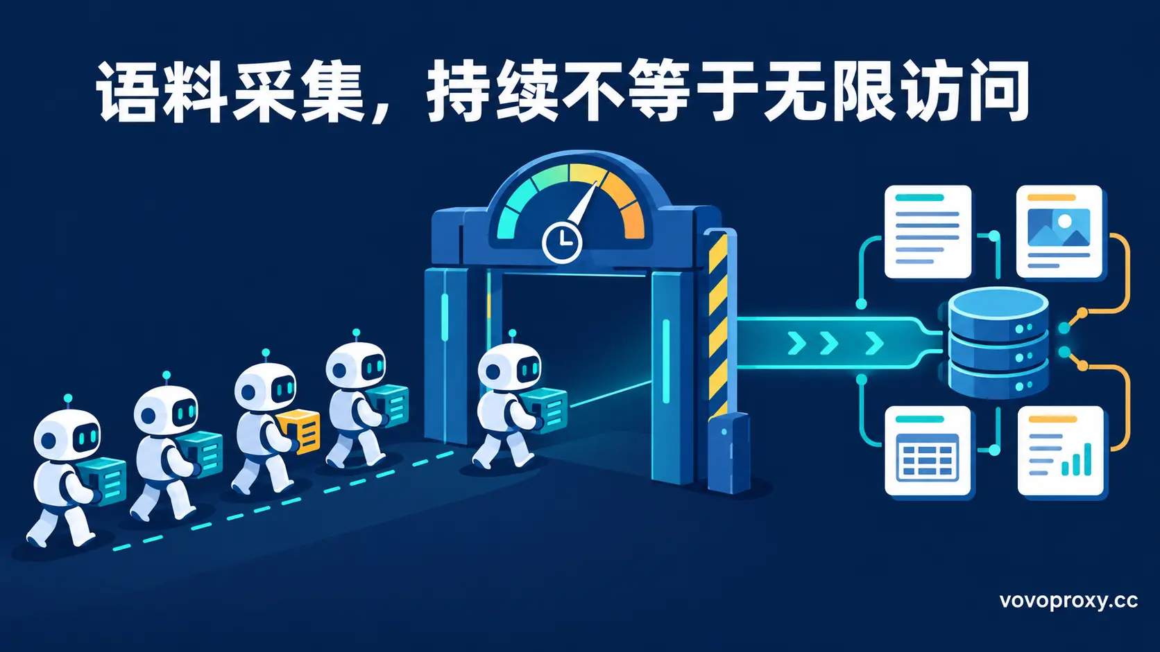 封面：多个工作节点机器人经过同一个带速率表的配额闸门进入数据流水线——语料采集，持续不等于无限访问