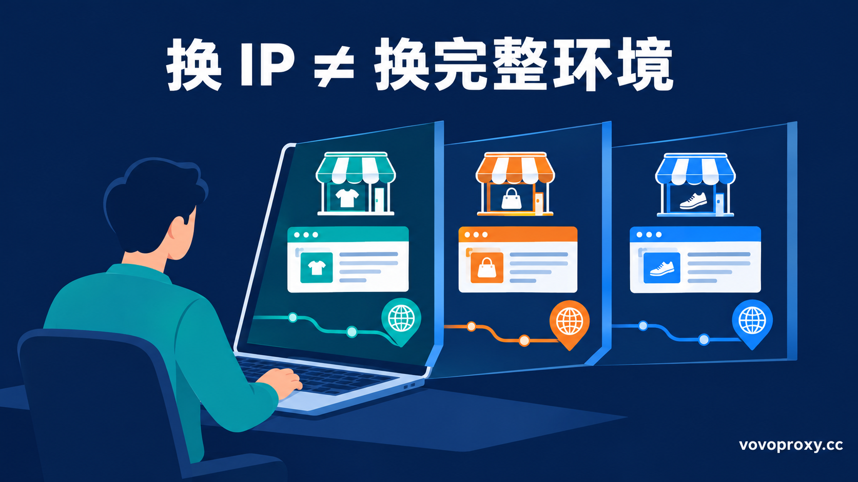 跨境电商多店铺防关联指南封面：换IP不等于换完整环境，每个店铺需要独立环境与独立网络出口