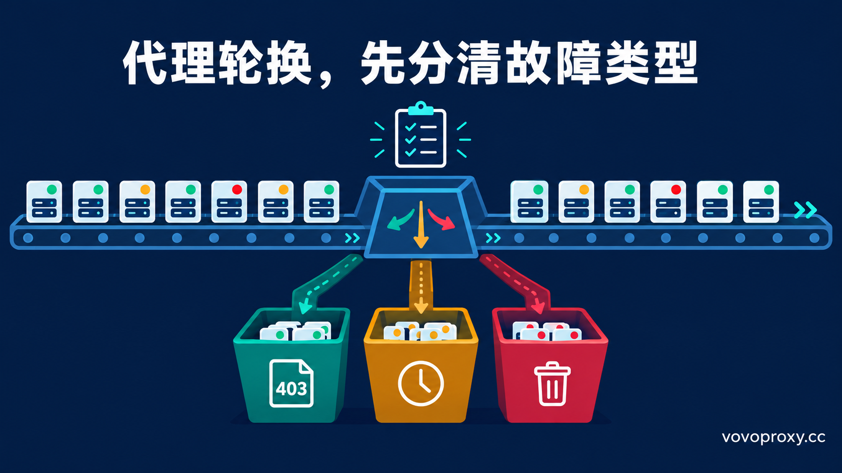 开发者封面：代理节点卡片流水线带状态灯（绿/黄/红），分拣闸门按故障类型分流（403目标策略/超时/移除），先分清故障类型