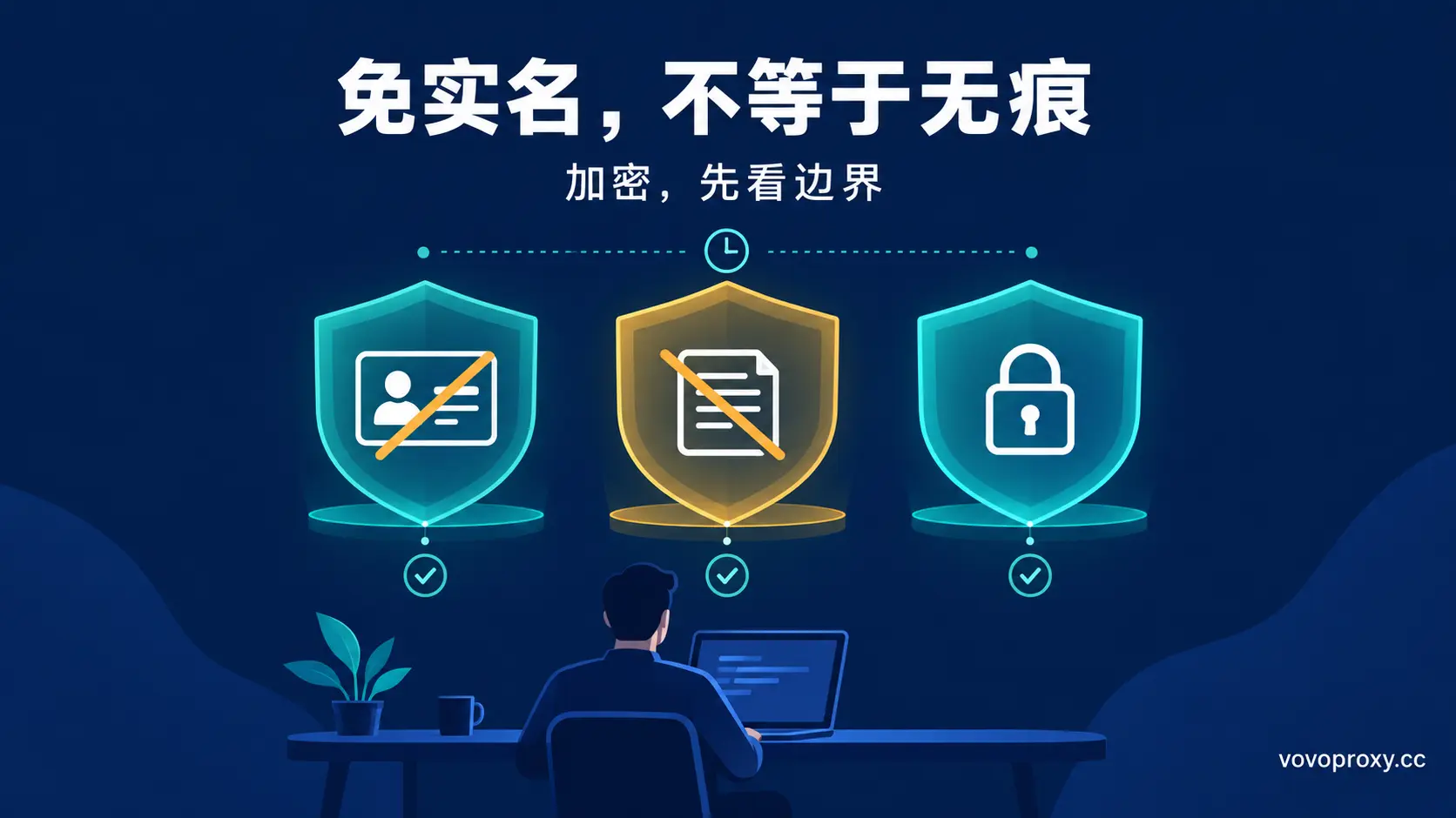 封面：办公剪影上方三个独立盾牌面板——身份卡划掉（免实名）、日志划掉（无日志）、挂锁激活（加密），免实名不等于无痕