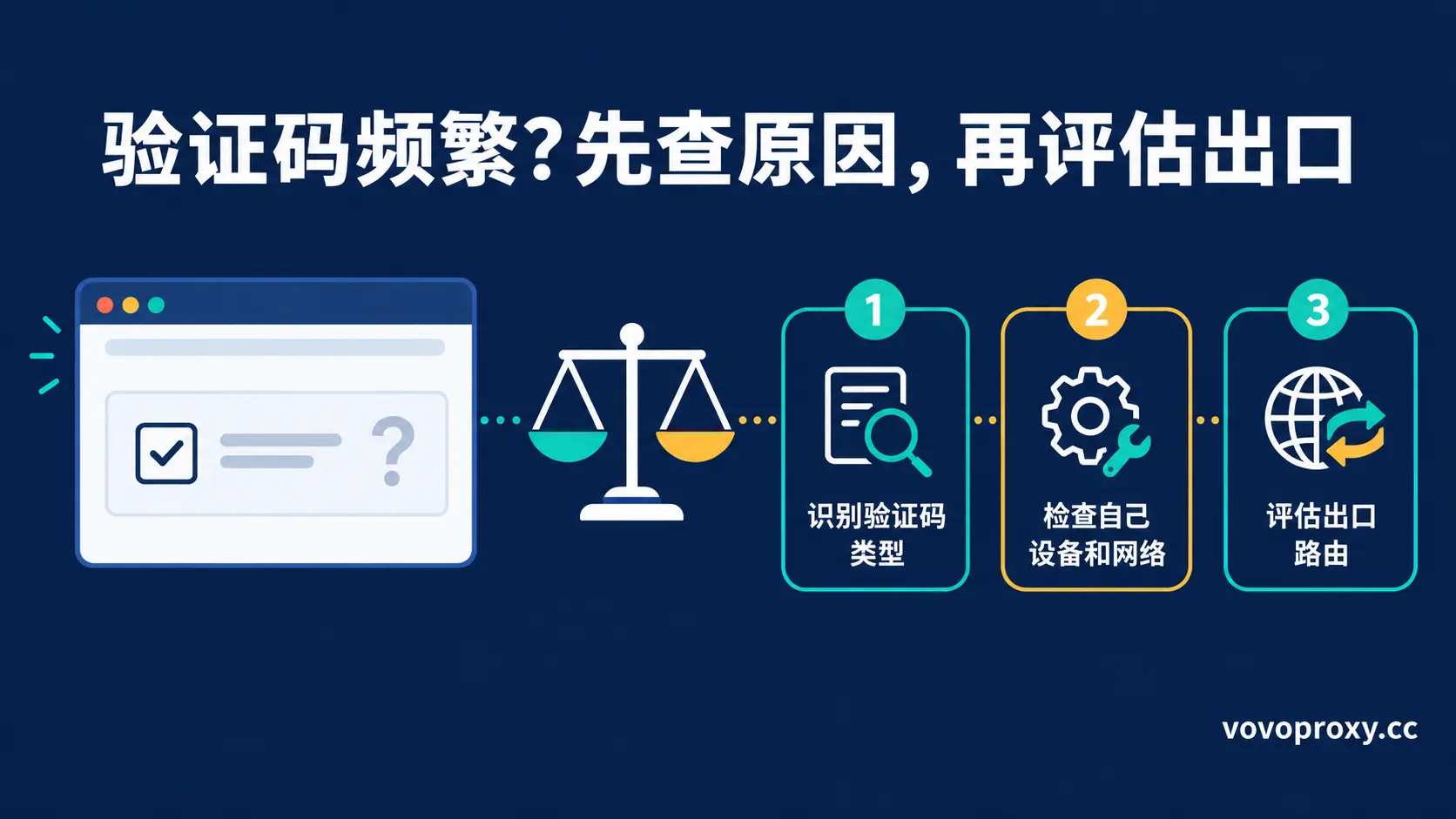 封面：浏览器验证框（左）与三步面板（识别提示类型/检查自身设备网络/评估出口路由）之间以天平衡量多因素，验证码频繁先查原因再评估出口
