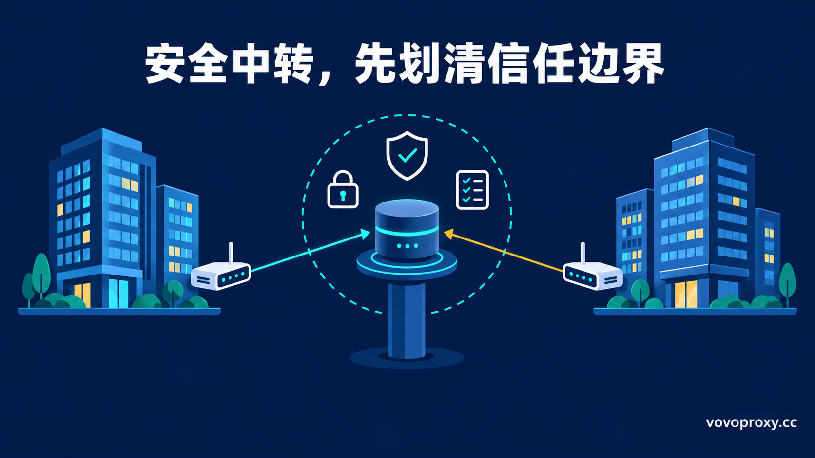 企业跨国中转架构封面：两端企业网关主动连接中央受控中继，中继周围为带盾牌、挂锁与清单图标的信任边界环，先划清信任边界